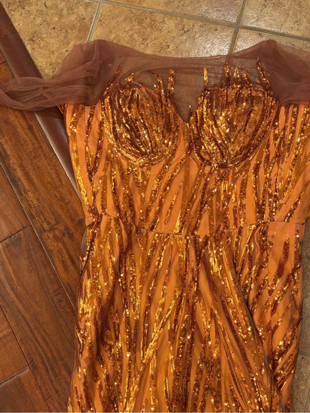 Orange Sequin Prom Dress with Illusion Neckline